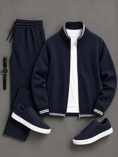 Men's Striped Rib Stand Collar Zip Jacket & Elastic Waist Jogger Pants 2 Piece Outfit Set, Multiple Colors Available