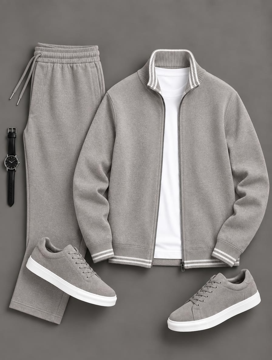 Men's Striped Rib Stand Collar Zip Jacket & Elastic Waist Jogger Pants 2 Piece Outfit Set, Multiple Colors Available