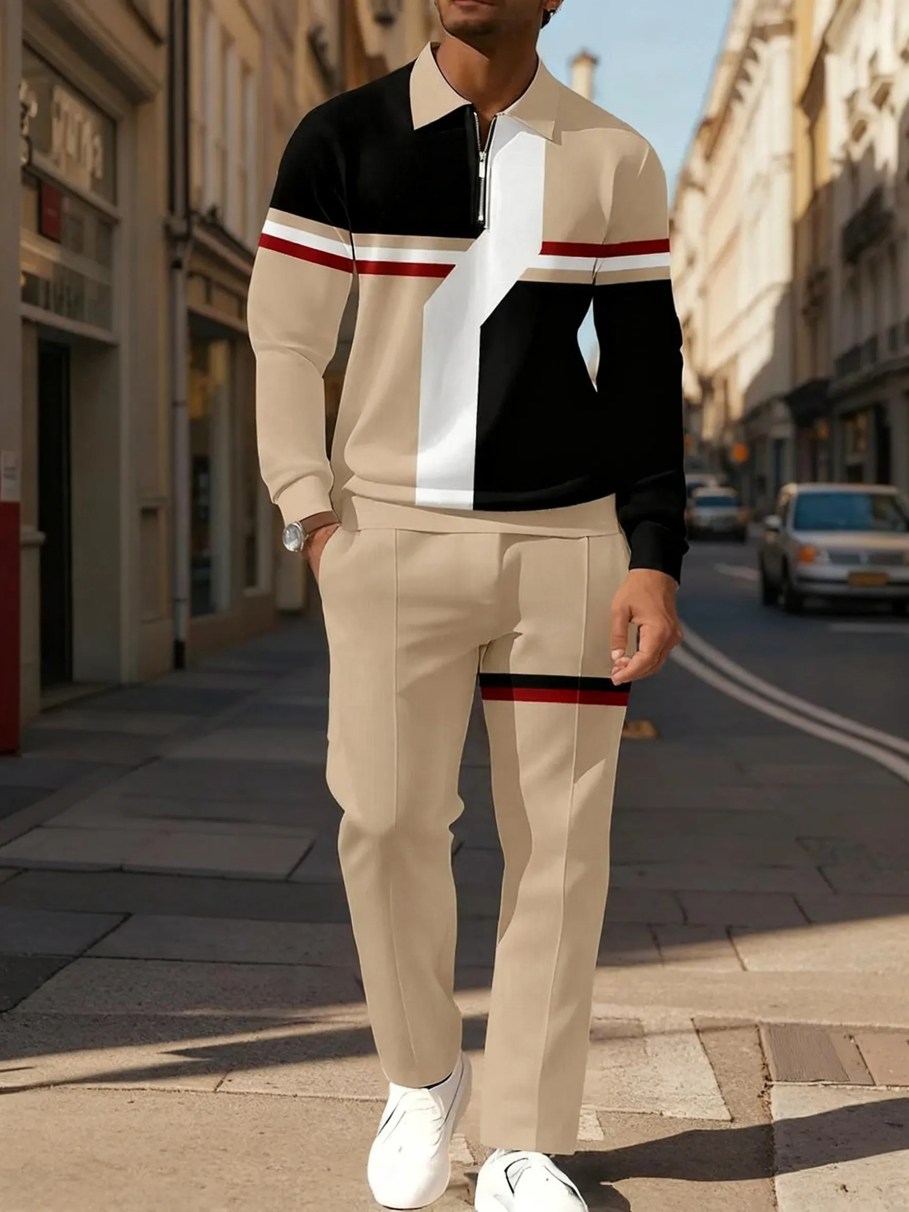 Men's Casual Colorblock Long-Sleeve Zip-Up Polo Shirt and Pant Set
