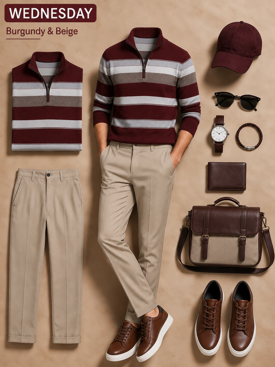 Men's Burgundy Striped Quarter‑Zip Knit Sweater & Beige Chino Pants 2‑Piece Matching Outfit Set