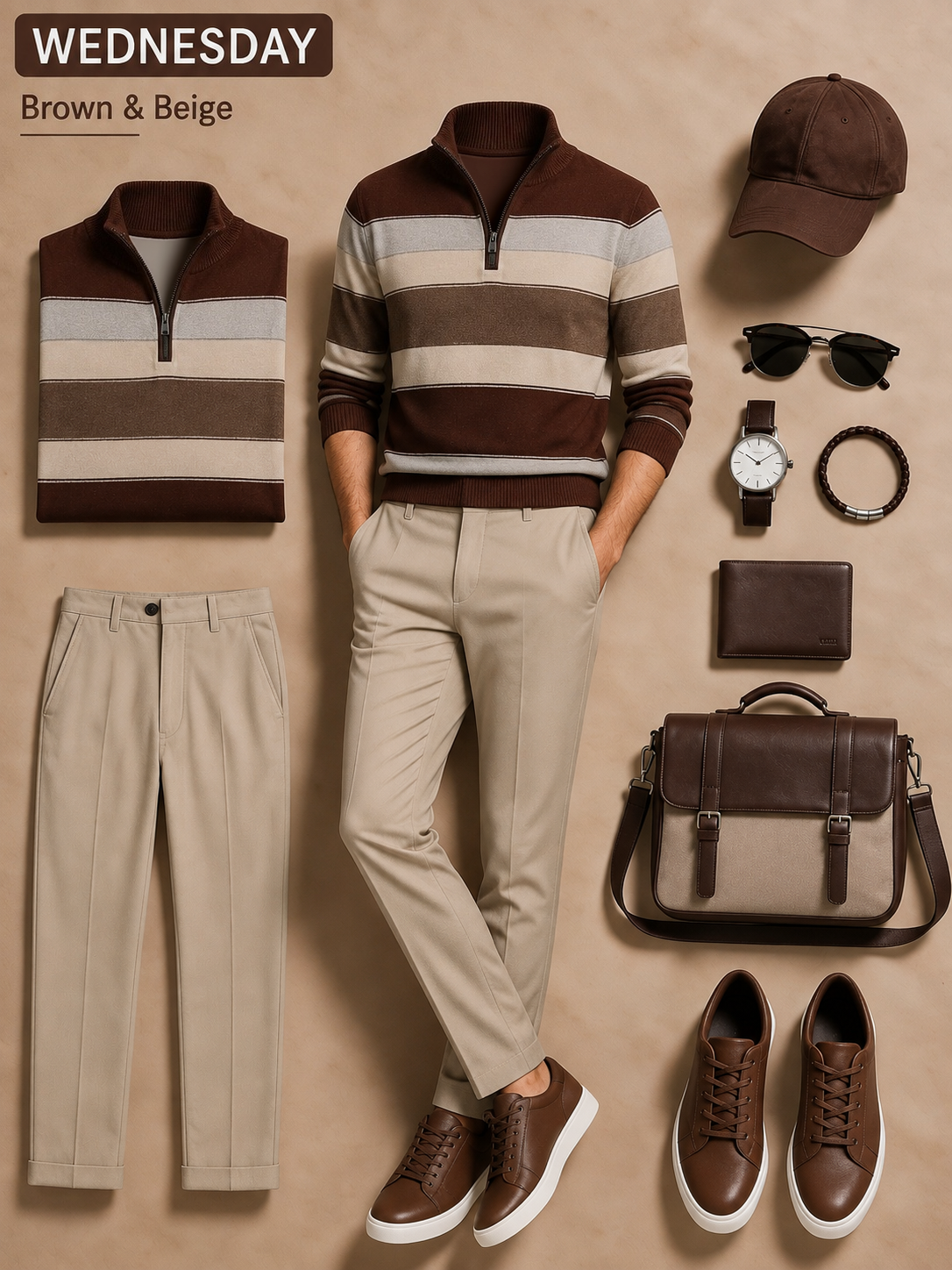 Men's Brown Striped Quarter‑Zip Knit Sweater & Beige Chino Pants 2‑Piece Matching Outfit Set