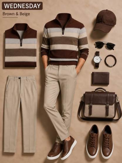 Men's Brown Striped Quarter‑Zip Knit Sweater & Beige Chino Pants 2‑Piece Matching Outfit Set