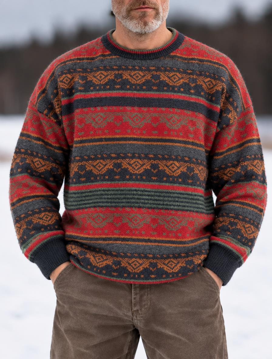 Men's Vintage Fair Isle Geometric Striped Crew Neck Knit Sweater