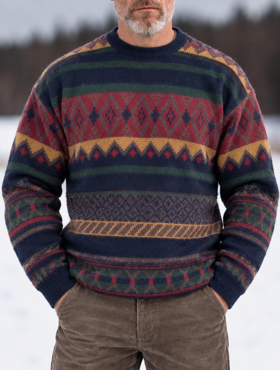 Men's Vintage Fair Isle Geometric Striped Crew Neck Knit Sweater