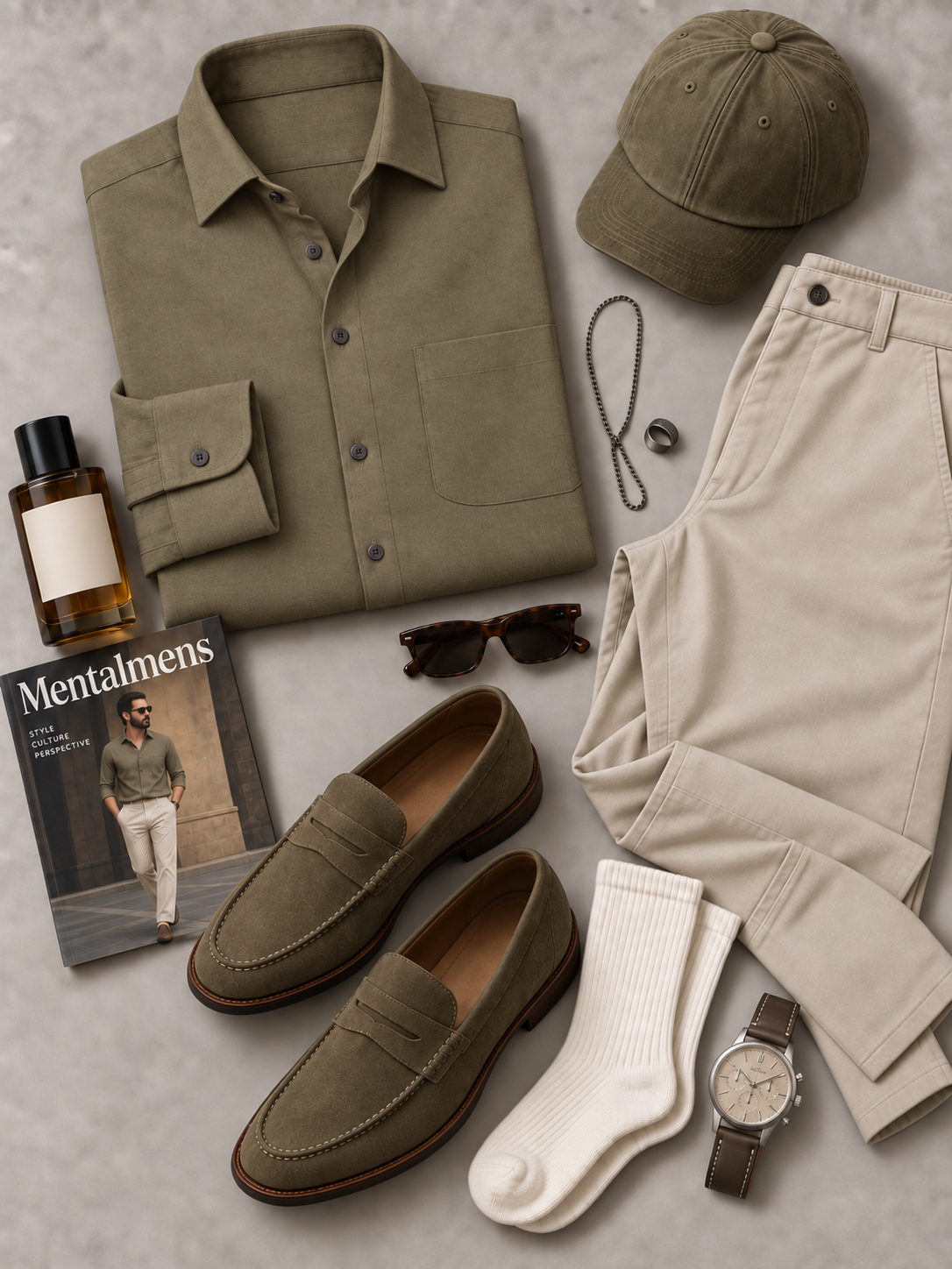 Men's Olive Green Textured Long Sleeve Button Down Shirt & Khaki Straight Leg Chino Pants 2-Piece Matching Outfit Set