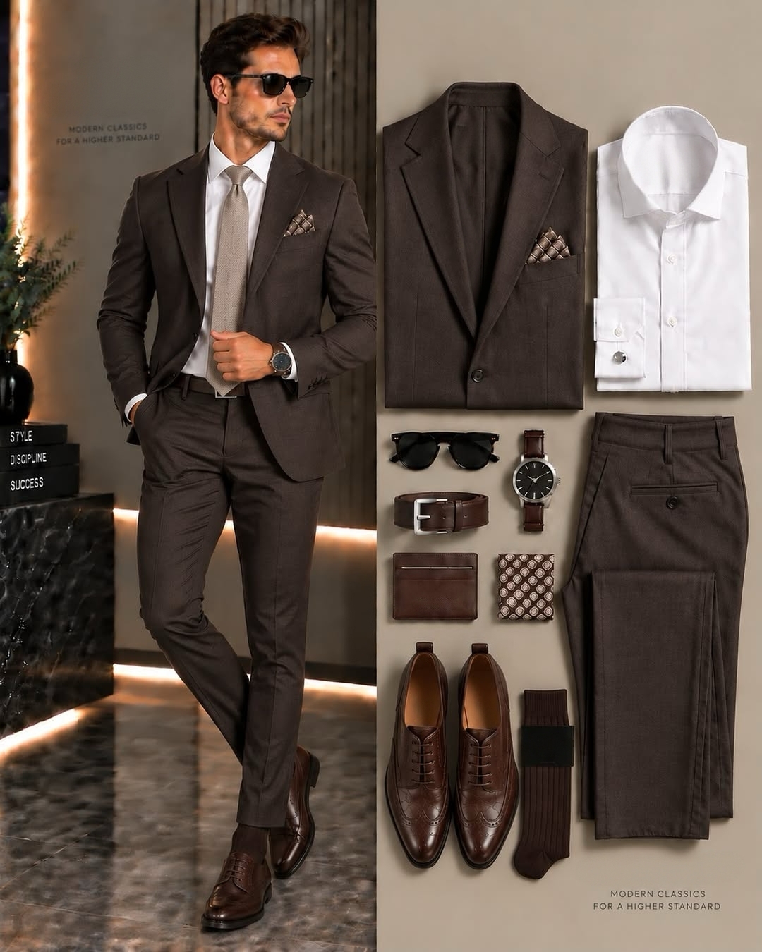 Men's Dark Brown Suit Jacket, White Dress Shirt & Suit Pants 3-Piece Matching Outfit Set