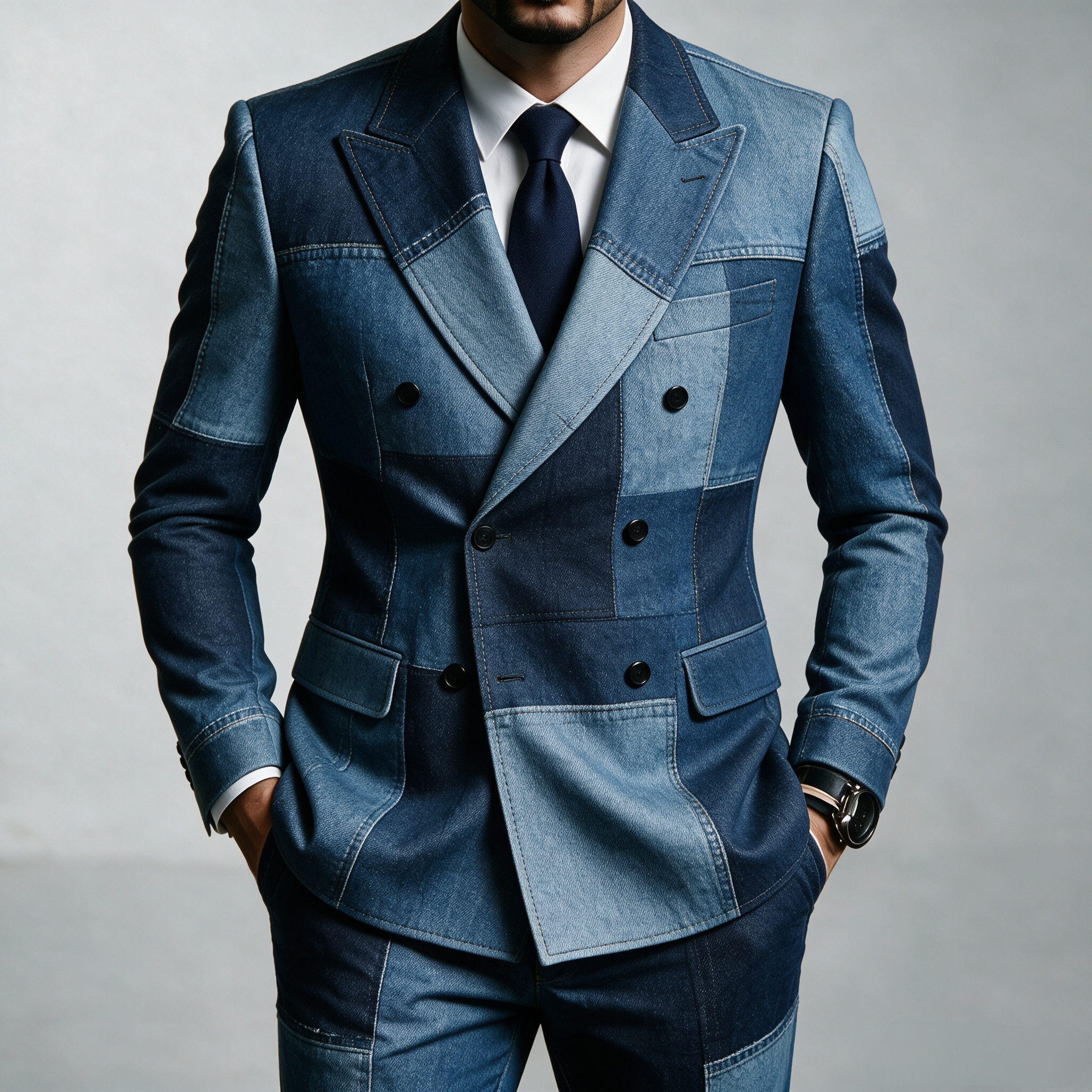 Men's Patchwork Denim Double‑Breasted Blazer, Lapel Collar Casual Suit Jacket