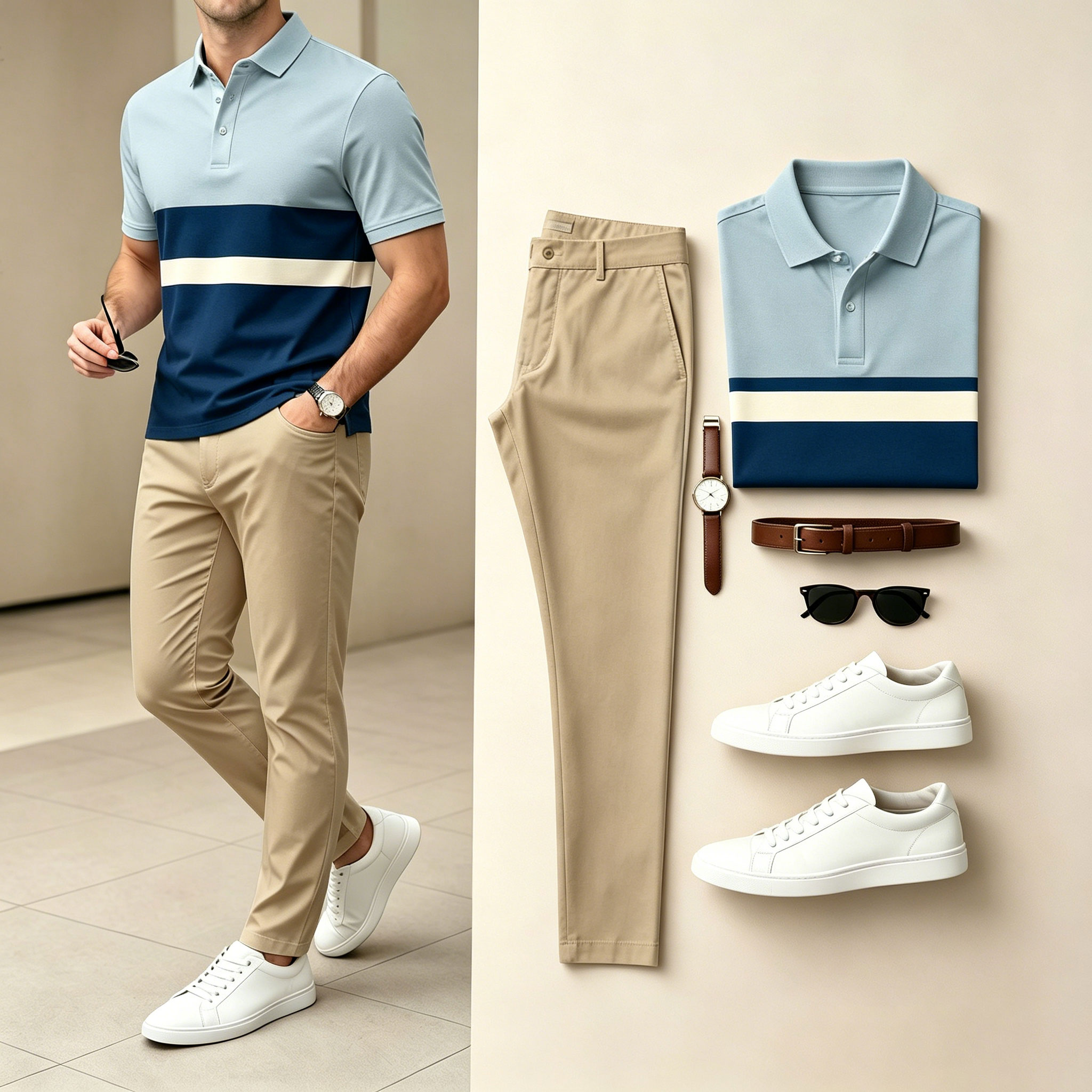 Men's Blue & Navy Color Matching Striped Printed Short Sleeves Polo Shirt & Jeans Two-Piece Set