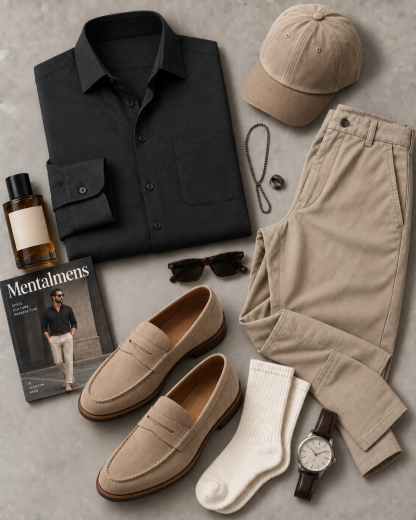 Men's Black Textured Long Sleeve Button Down Shirt & Khaki Straight Leg Chino Pants 2-Piece Matching Outfit Set