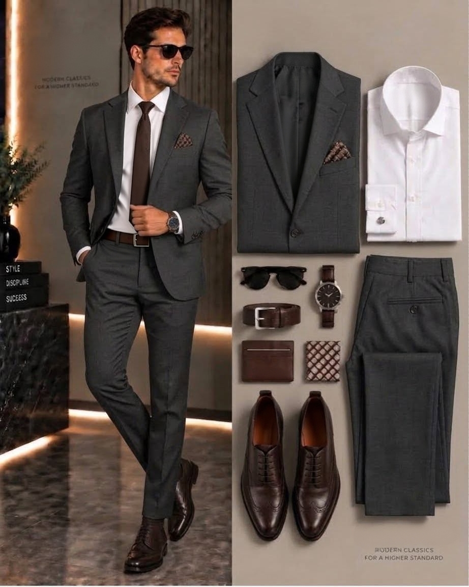 Men's Dark Grey Suit Jacket, White Dress Shirt & Suit Pants 3-Piece Matching Outfit Set