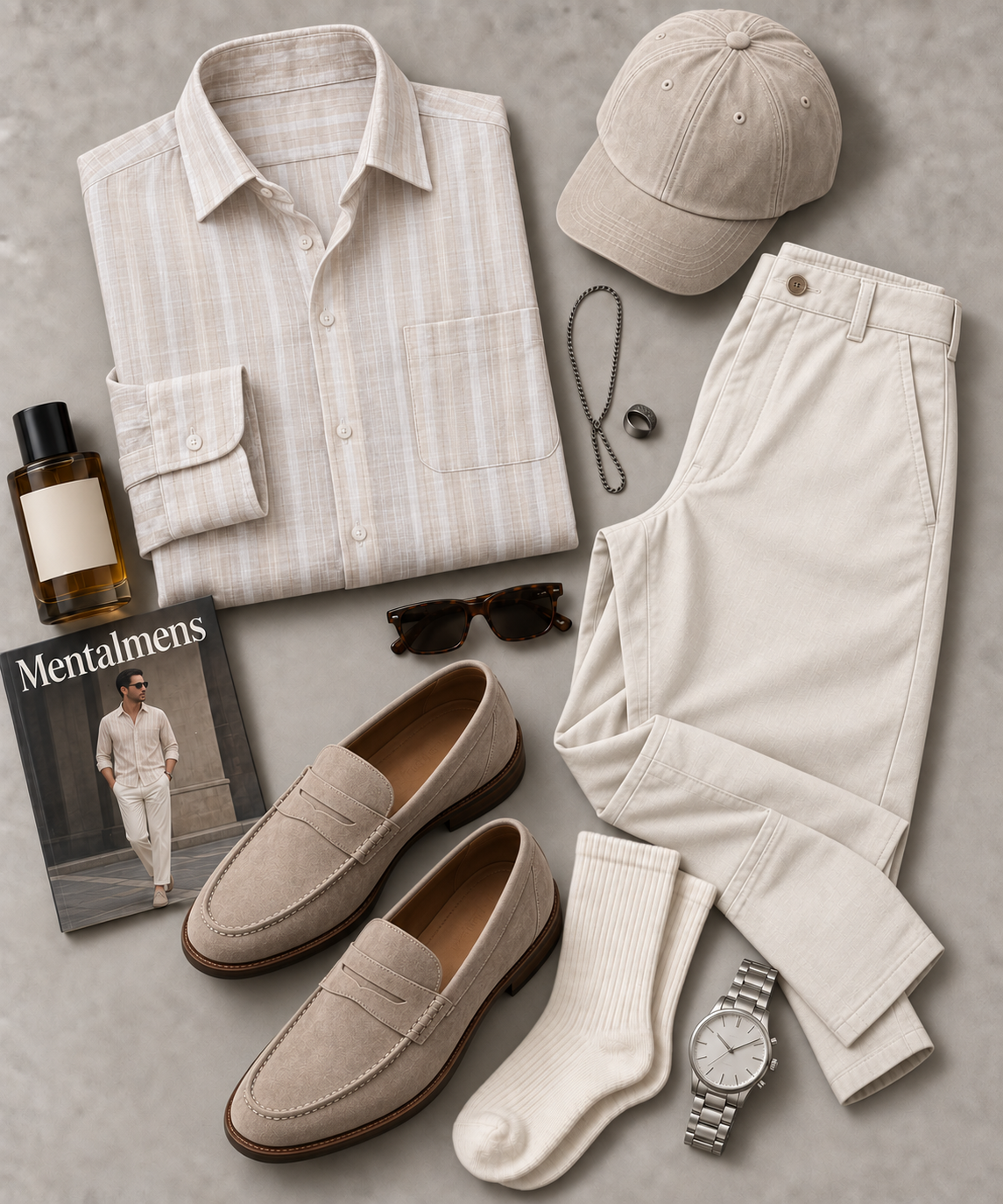 Men's Beige Striped Long Sleeve Button Down Shirt & Beige Straight Leg Chino Pants 2-Piece Matching Outfit Set