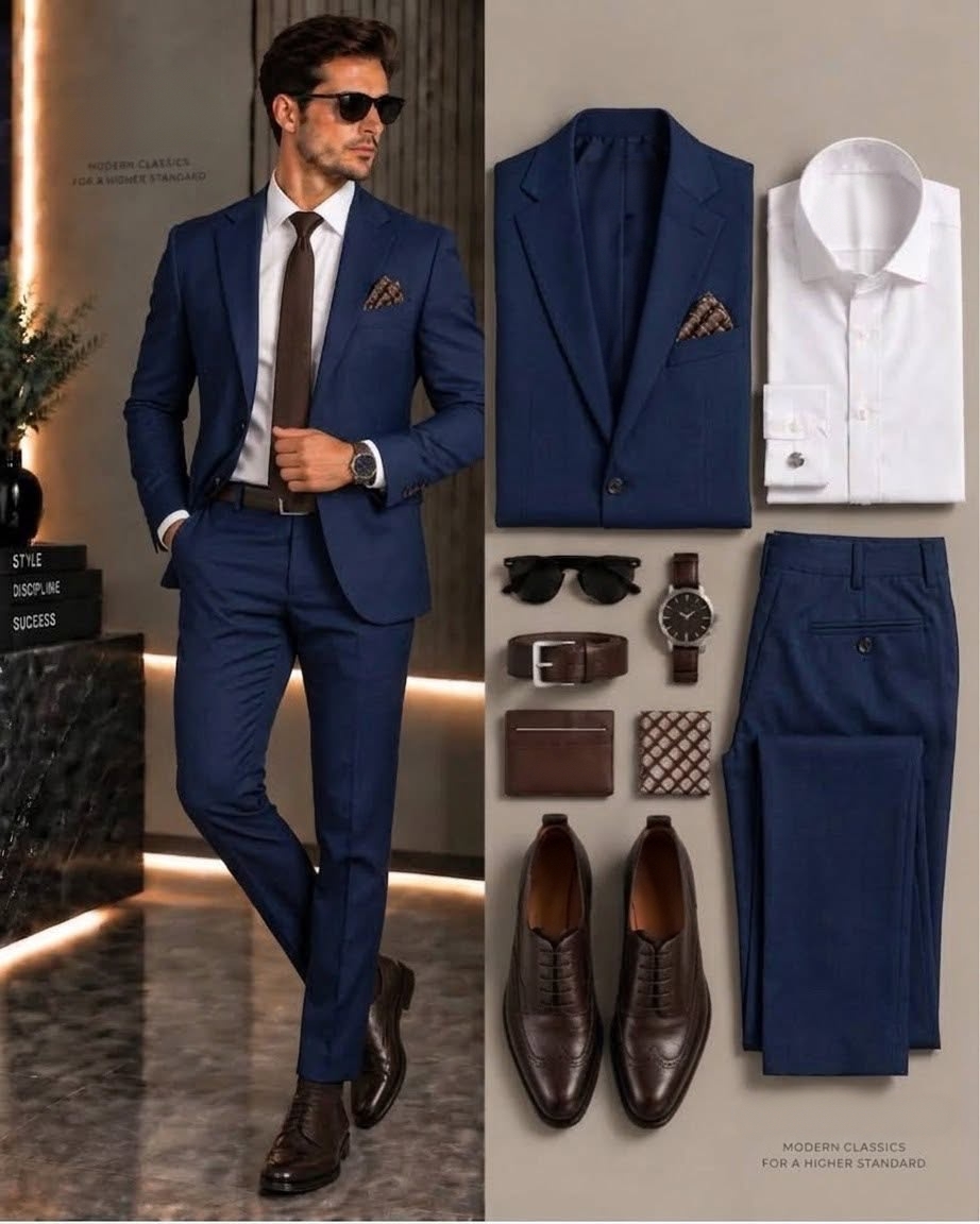 Men's Navy Blue Suit Jacket, White Dress Shirt & Suit Pants 3-Piece Matching Outfit Set