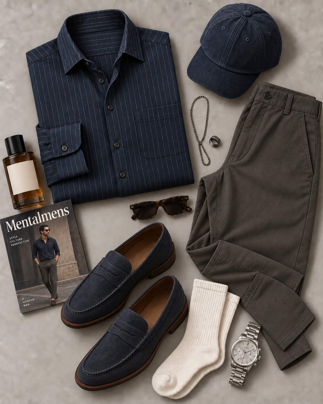 Men's Navy Pinstripe Long Sleeve Button Down Shirt & Dark Grey Straight Leg Chino Pants 2-Piece Matching Outfit Set