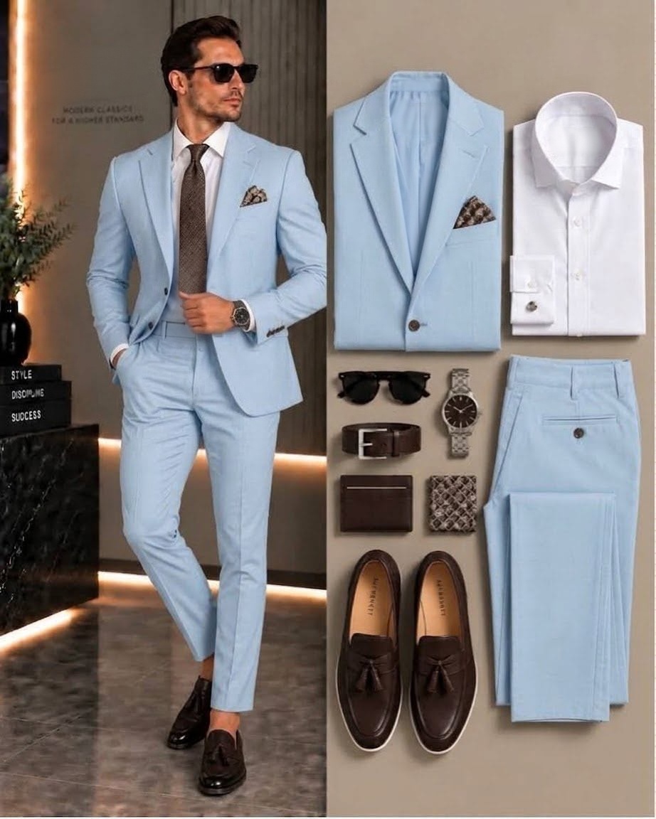 Men's Sky Blue Suit Jacket, White Dress Shirt & Suit Pants 3-Piece Matching Outfit Set