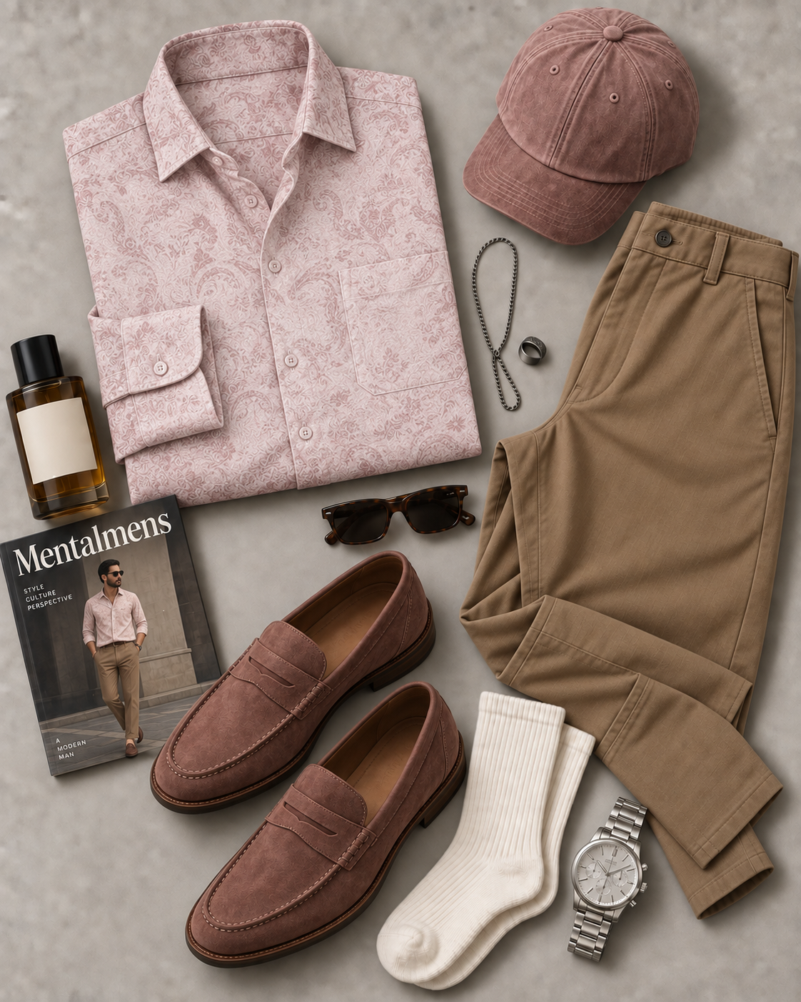 Men's Pink Floral Pattern Long Sleeve Button Down Shirt & Khaki Straight Leg Chino Pants 2-Piece Matching Outfit Set