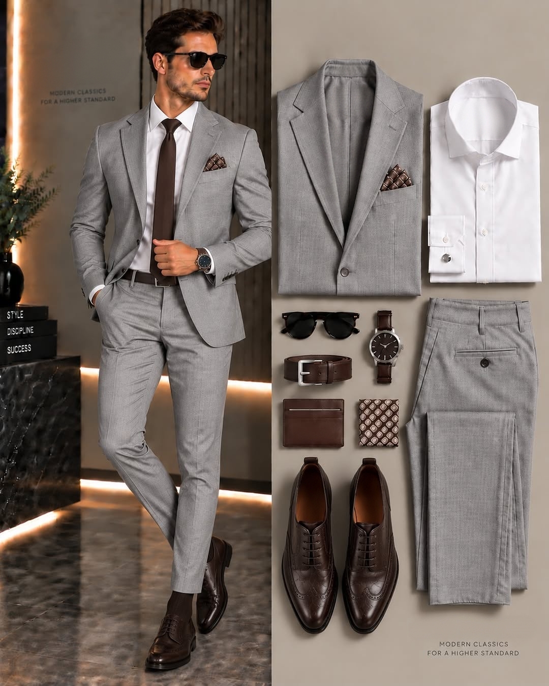 Men's Light Grey Suit Jacket, White Dress Shirt & Suit Pants 3-Piece Matching Outfit Set