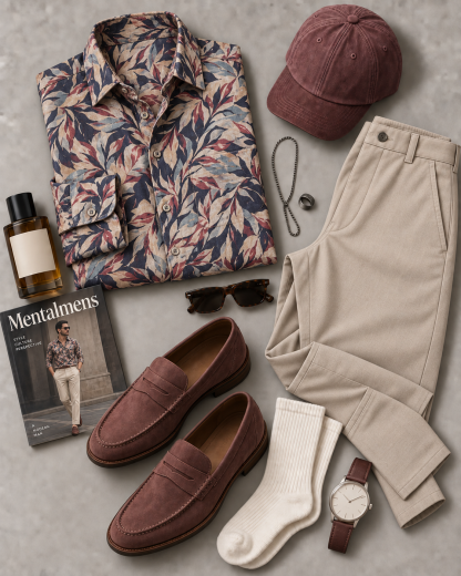Men's Multi Color Leaf Print Long Sleeve Button Down Shirt & Beige Straight Leg Chino Pants 2-Piece Matching Outfit Set