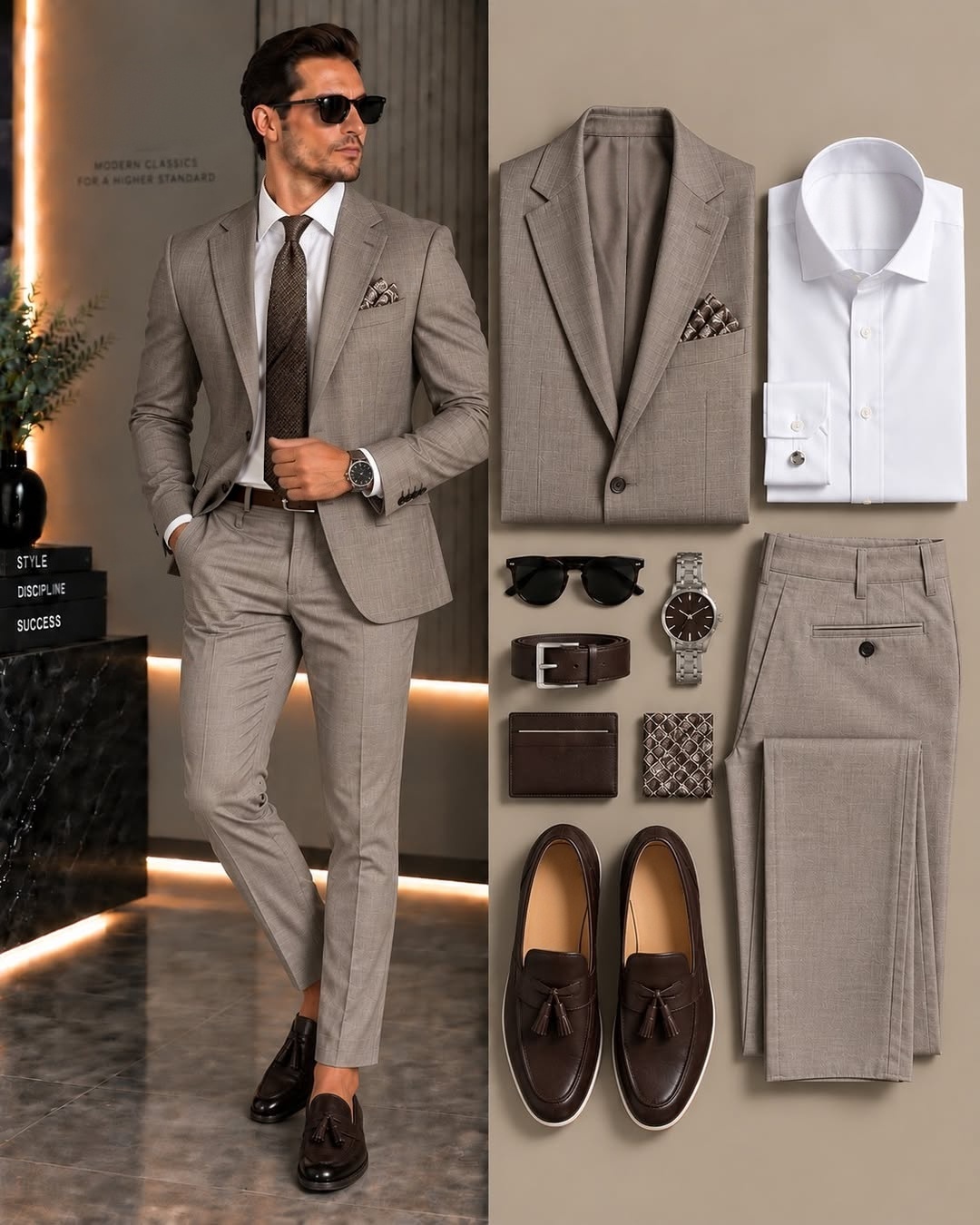 Men's Khaki Suit Jacket, White Dress Shirt & Suit Pants 3-Piece Matching Outfit Set
