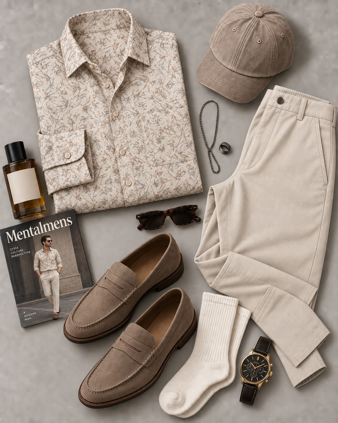 Men's Beige Tiny Floral Print Long Sleeve Button Down Shirt & Beige Straight Leg Chino Pants 2-Piece Matching Outfit Set