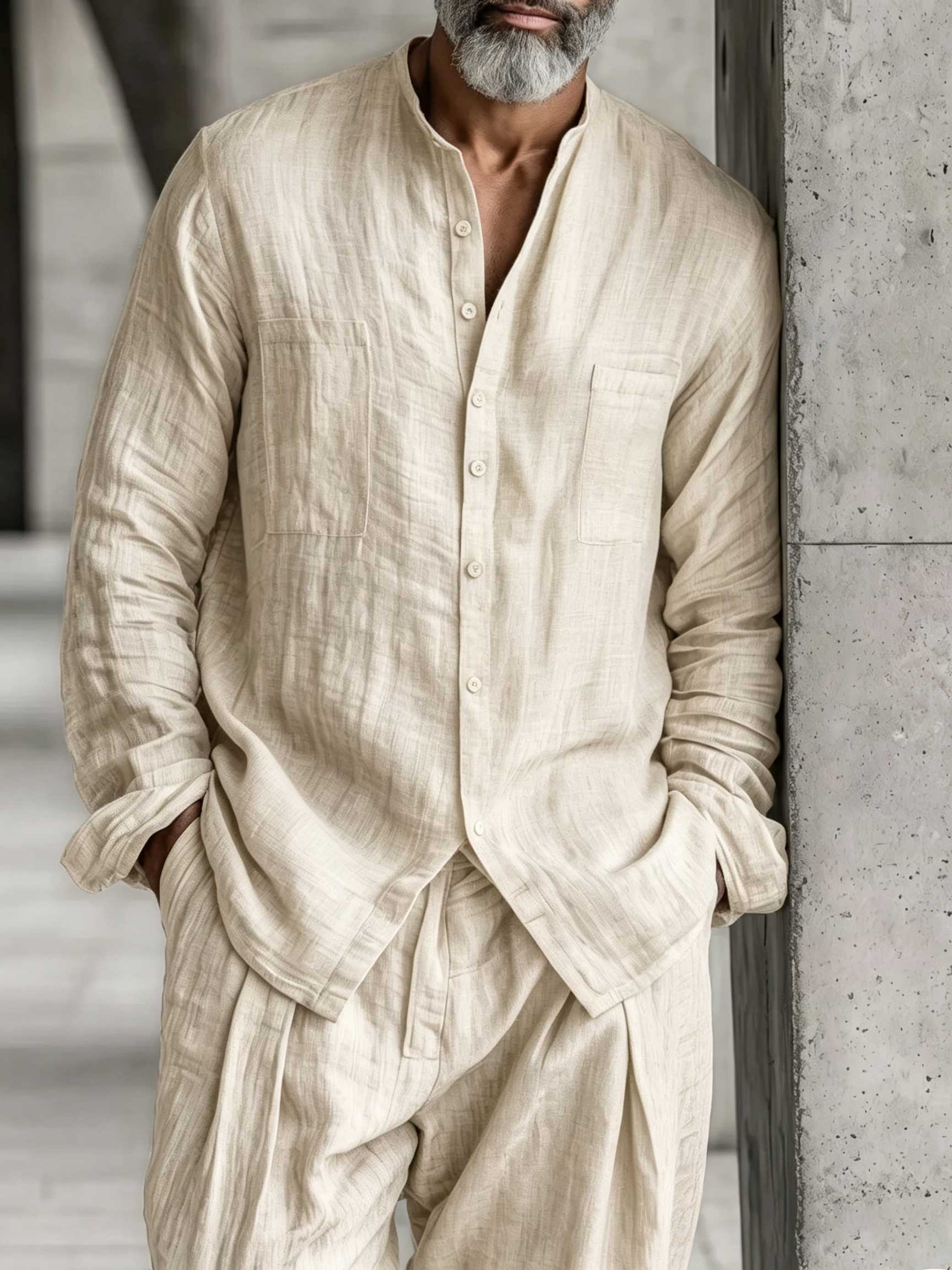 Men's Cotton Linen Long Sleeved Trousers And Shirt Set