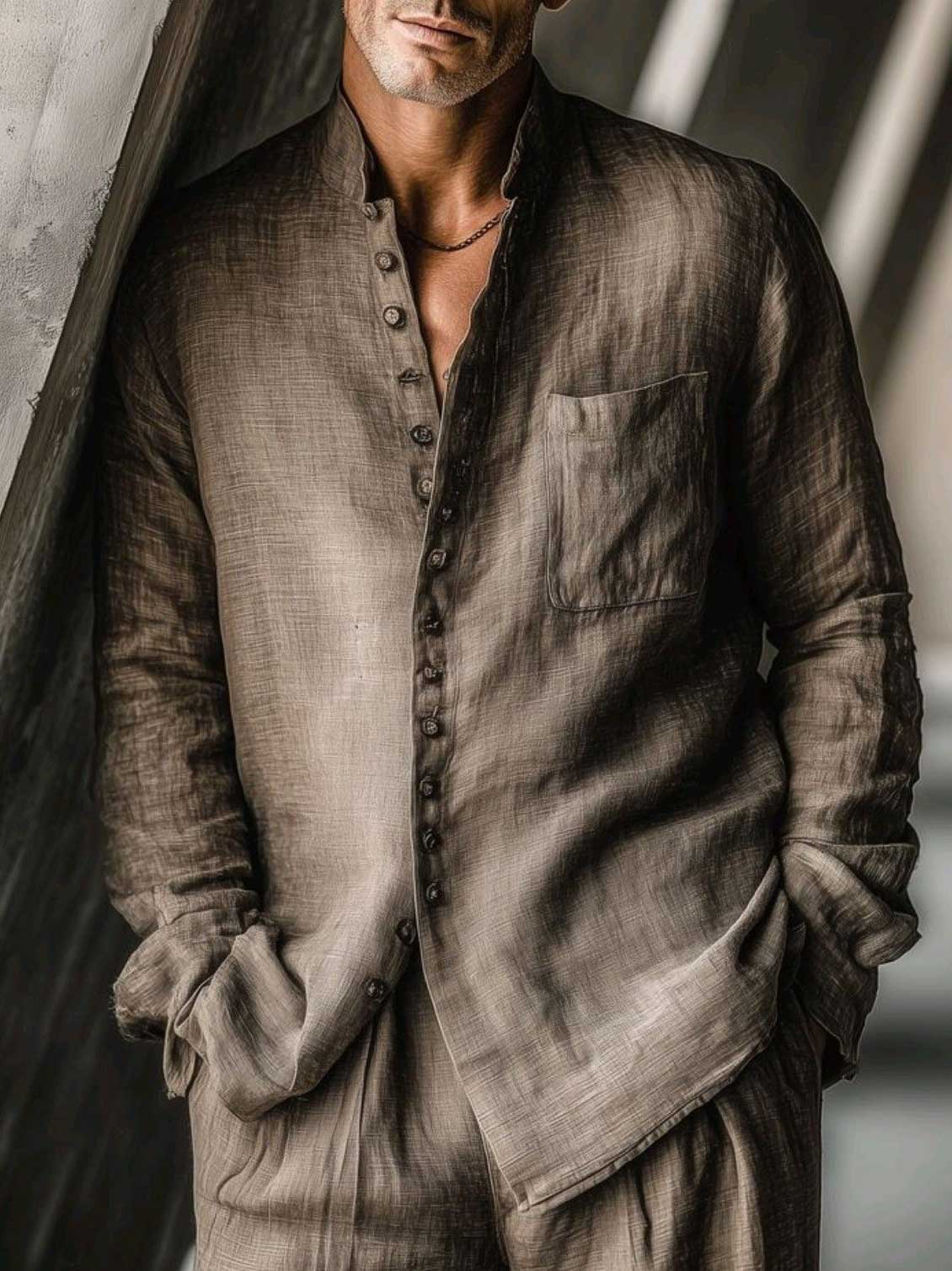 Men's Cotton Linen Long Sleeved Shirt And Trousers Set