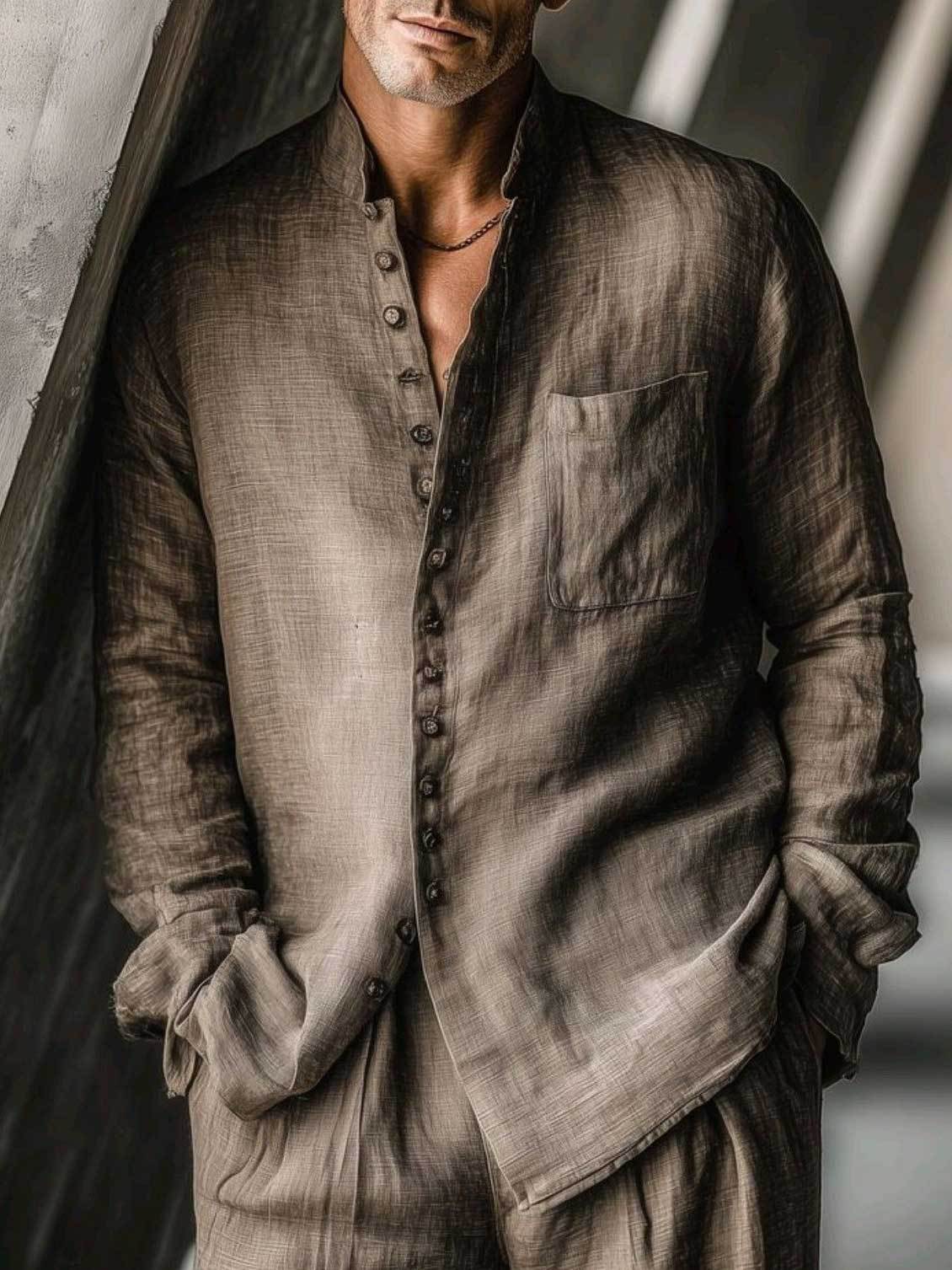 Men's Cotton Linen Long Sleeved Shirt And Trousers Set
