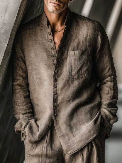 Men's Cotton Linen Long Sleeved Shirt And Trousers Set