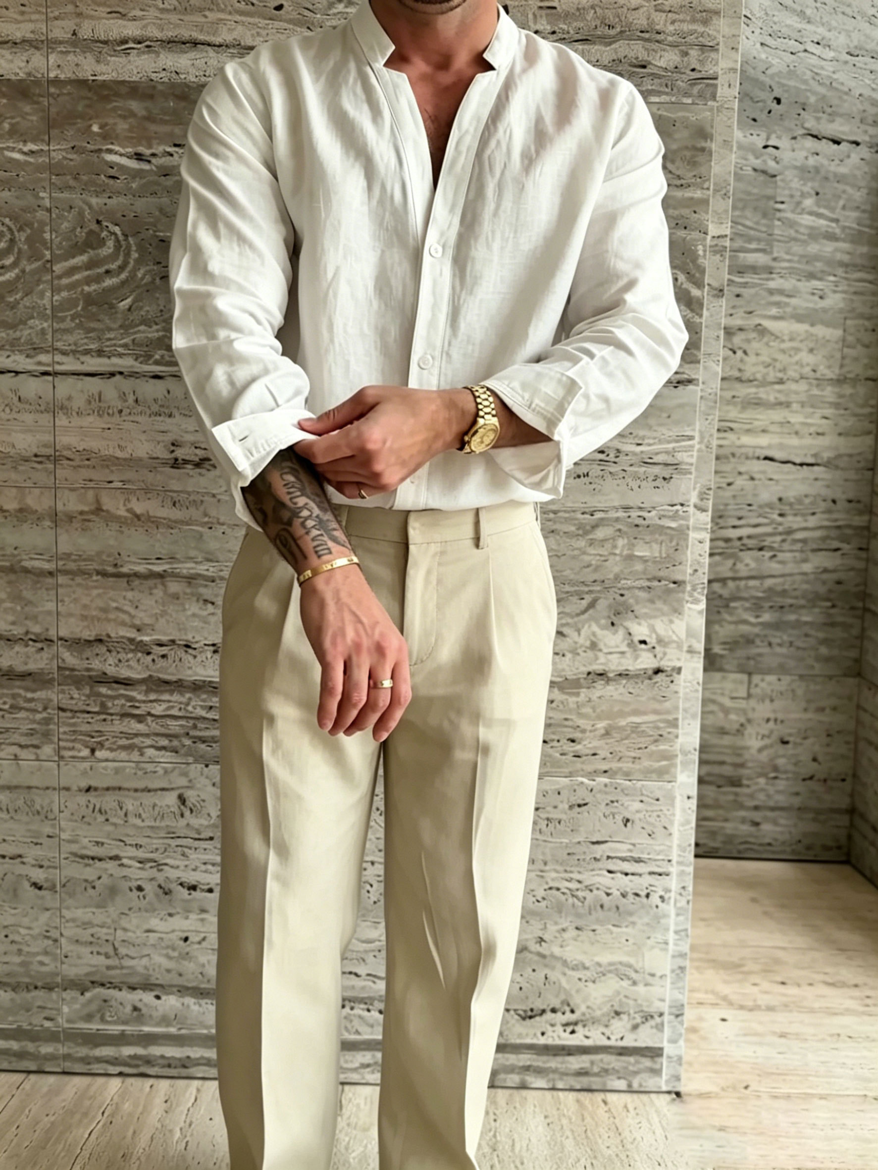 Premium Linen-Blend Mandarin Collar Suit