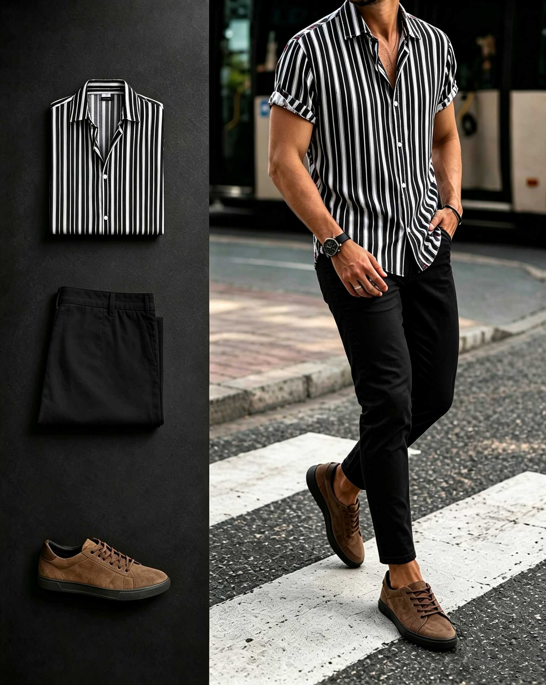 Men's Black White Striped Short Sleeves Shirt & Black Pants Two-Piece Set