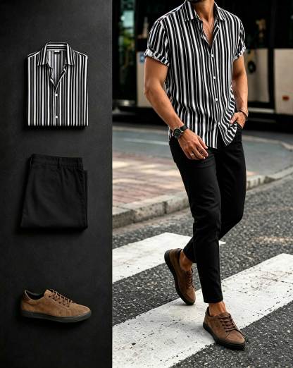 Men's Black White Striped Short Sleeves Shirt & Black Pants Two-Piece Set