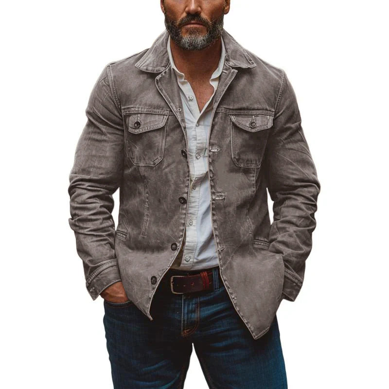 Men's Vintage Heavy Washed Leather Lapel Single Breasted Multi-Pocket Work Jacket