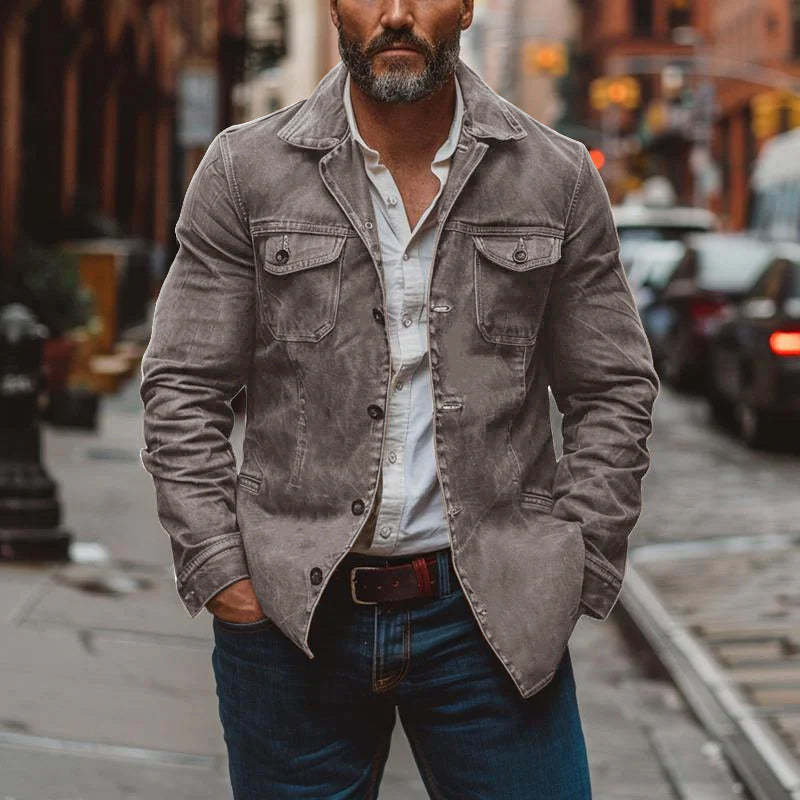 Men's Vintage Heavy Washed Leather Lapel Single Breasted Multi-Pocket Work Jacket