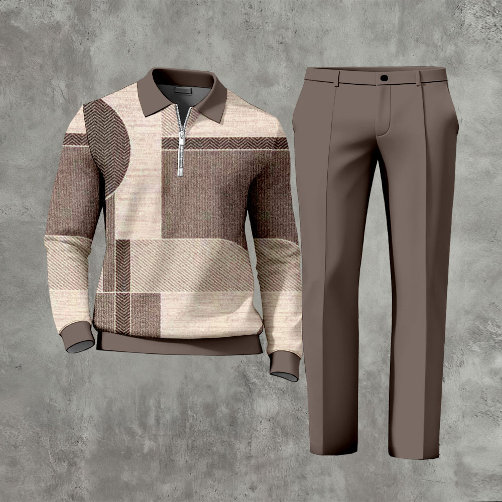 Men's Casual Coffee Color Matching Geometric Printed Polo-Collar Zipper Long Sleeved Trousers Two-Piece Set