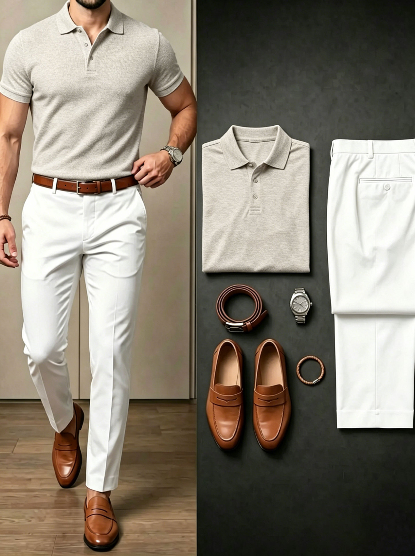 Men's Oatmeal Grey & White Short Sleeves Polo Shirt & Chino Pants Two-Piece Set