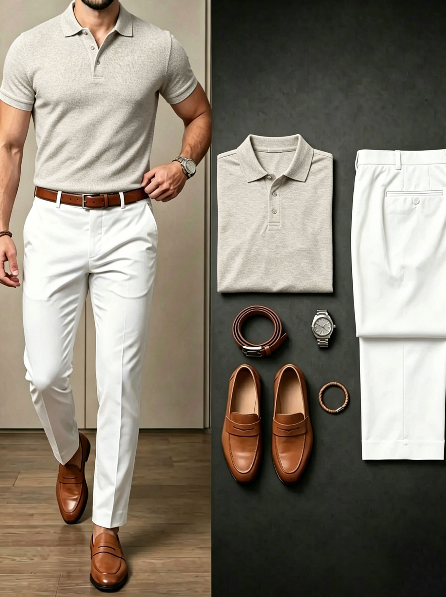 Men's Oatmeal Grey & White Short Sleeves Polo Shirt & Chino Pants Two-Piece Set