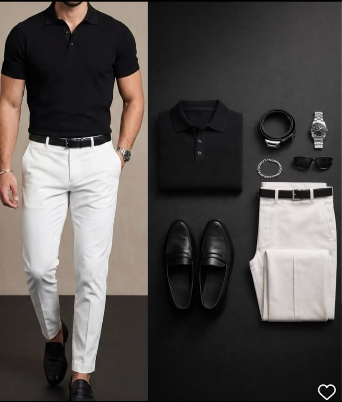Men's Black & White Color Matching Short Sleeves Polo Shirt & Chino Pants Two-Piece Set