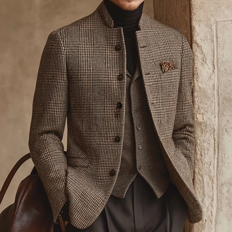 Men's Retro Casual Tweed Plaid Stand Collar Jacket 
