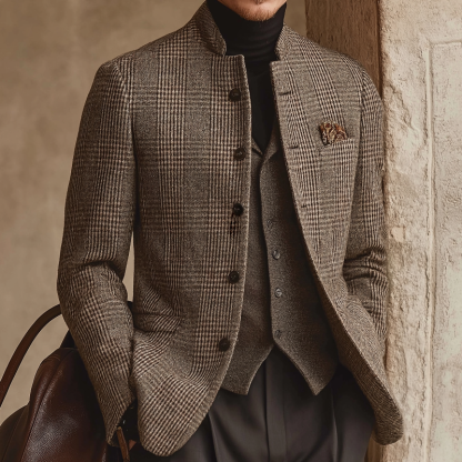 Men's Retro Casual Tweed Plaid Stand Collar Jacket 