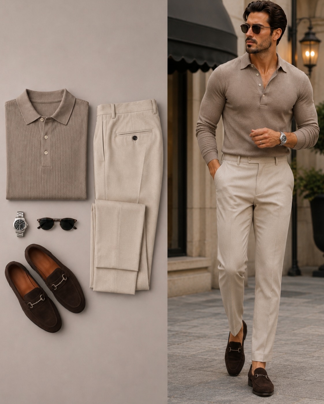 Men's Casual Color Matching Long Sleeves Knit Polo Shirt & Trousers Two Piece Set