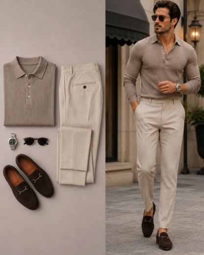 Men's Casual Color Matching Long Sleeves Knit Polo Shirt & Trousers Two Piece Set