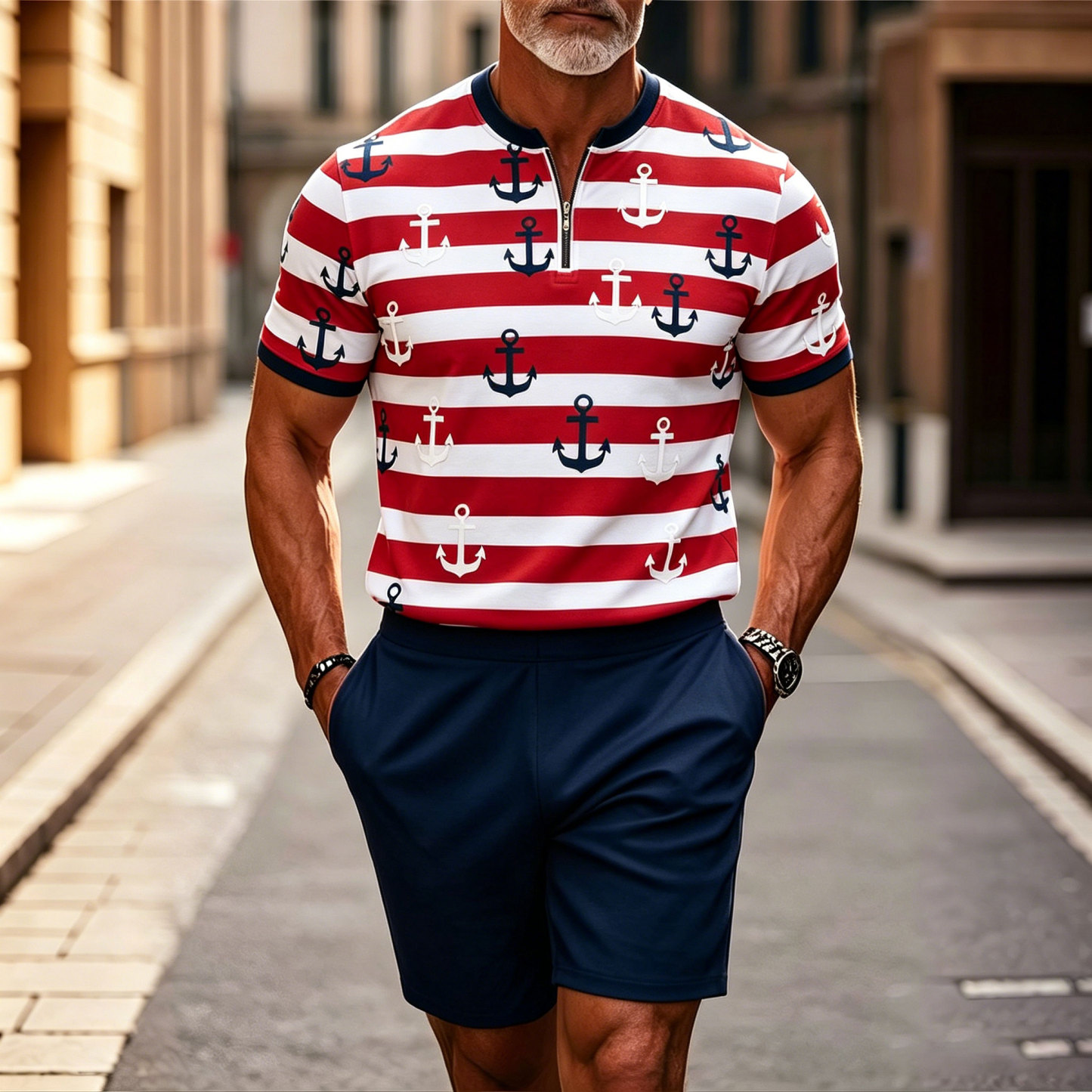 Men‘s Red & Navy Color Matching Striped Printed Short Sleeve Zipper T-shirt & Short Two-piece Set