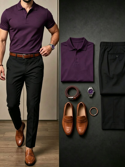 Men's Dark Purple & Black Short Sleeves Polo Shirt & Chino Pants Two-Piece Set