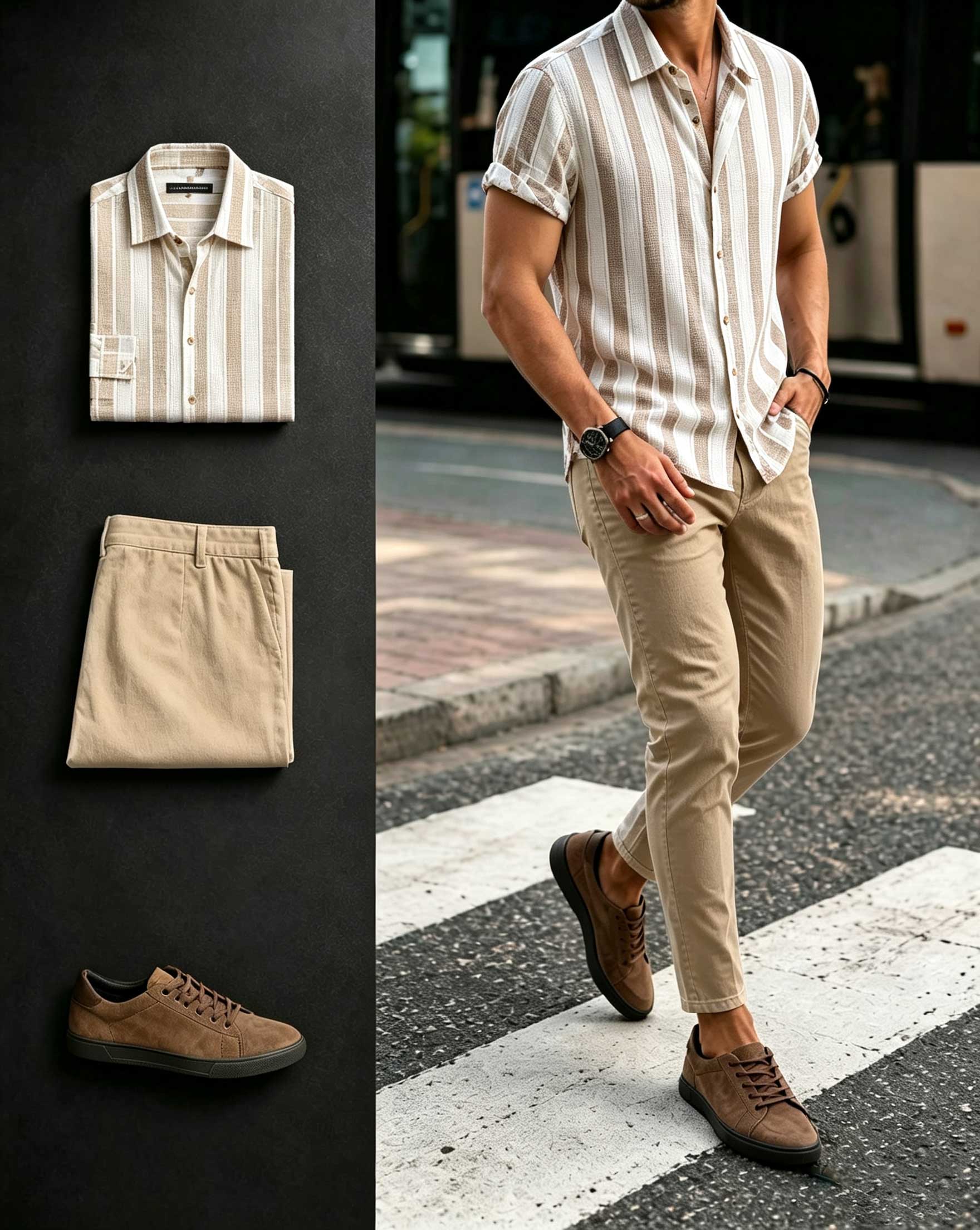Men's Khaki White Striped Short Sleeves Shirt & Khaki Pants Two-Piece Set