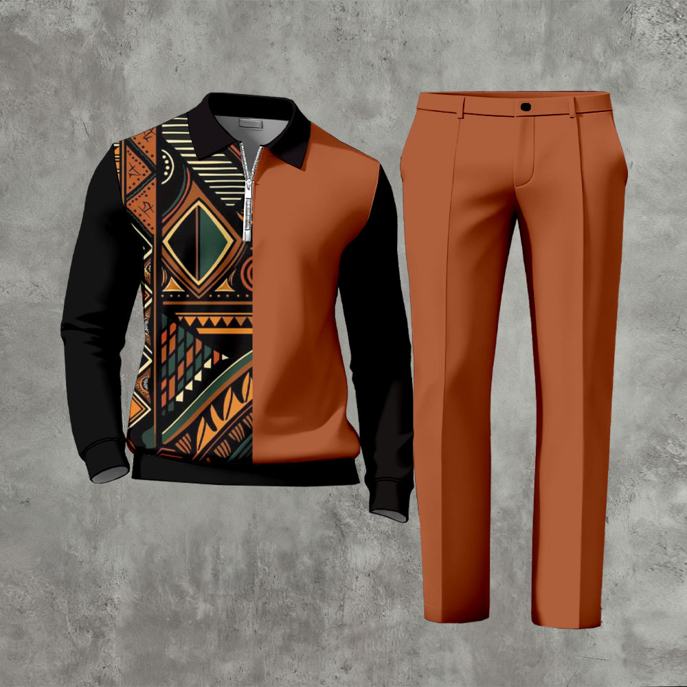 Men's Casual Orange & Black Color Matching Asymmetric Ethnic Printed Zipper Long Sleeved Polo Shirt & Trousers Two-Piece Set