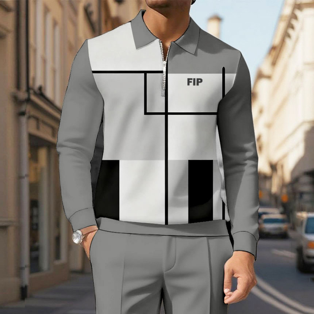 Men's Casual Black Gray Color Matching Printed Polo-Collar Zipper Long Sleeved Trousers Two-Piece Set