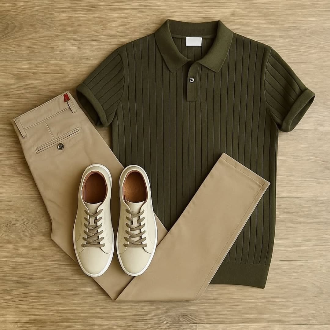 Men's Casual Solid-Color Printed Polo Shirt & Trousers Two-Piece Set