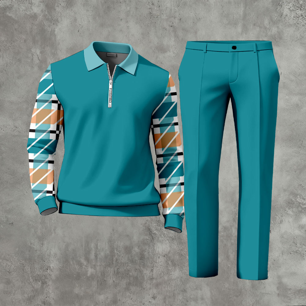 Men's Casual Green Blue Color Matching Checked Printed Polo-Collar Zipper Long Sleeved Trousers Two-Piece Set