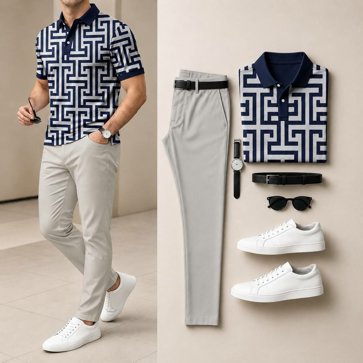 Men's Casual Navy Blue & Light Gray Geometric Printed Polo Shirt And Pants Two-Piece Set