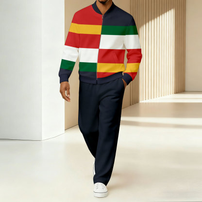 Men's Minimalist Navy Blue & Multi Color-Block Checkered Jacket Sports Jogging Set