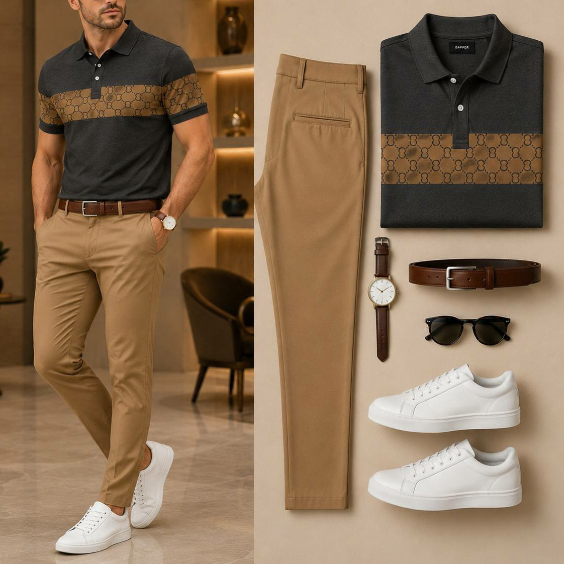 Men's Casual Dark Grey & Khaki Printed Polo Shirt And Pants Two-Piece Set